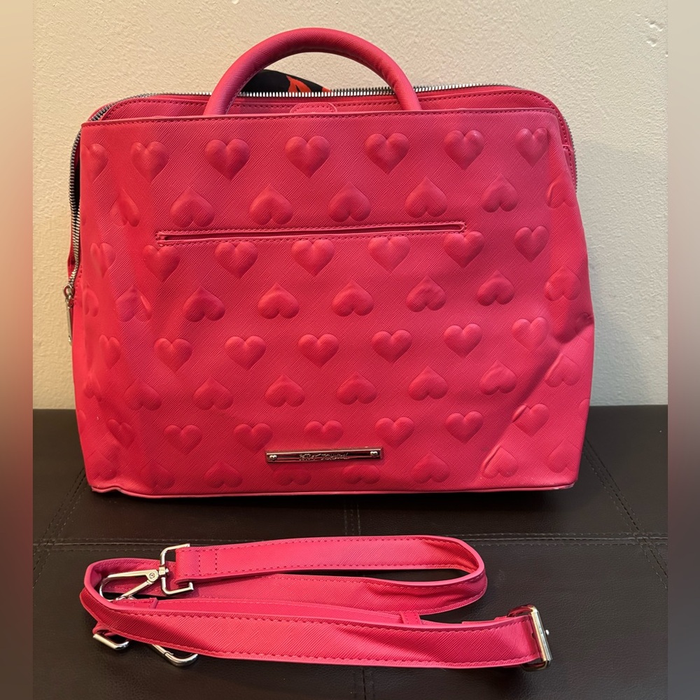 Betsey Johnson Hot Pink Hearts Embossed Satchel Bag w Scarf